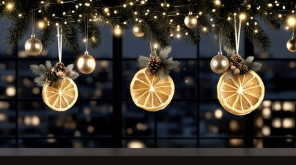 Dried orange, lemon, and lime slices adorn a Christmas tree, beautifully illuminated by soft sunlight in the background