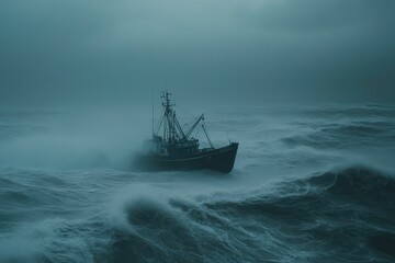 Obraz premium Turbulent Seas Challenge the Small Fishing Vessel