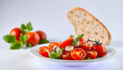 Traditional Italian salad with tomatoes and bread isolated with white highlights, png