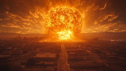 Obraz premium bright orange large nuclear explosion reaching the clouds. view from ground level.