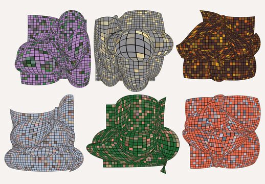 Set of Colored Geometric 3D computer modeled wire frame futuristic objects