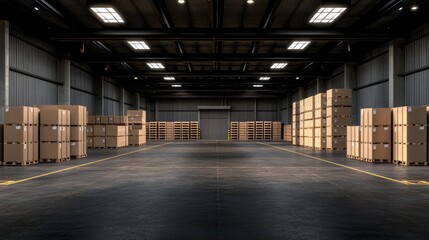 Naklejka premium Tall shelves in a warehouse display packed boxes and pallets, preparing goods for loading at the industrial dock