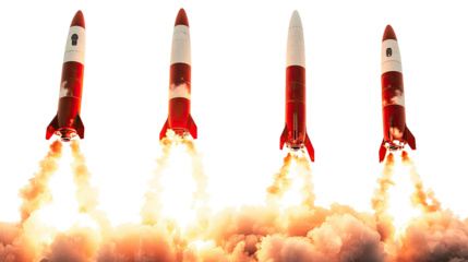 Red and White Rockets Launching With Powerful Flames at Sunset Generative AI