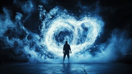 Obraz premium A Silhouette of a Man Standing Before a Glowing Blue Vortex of Smoke