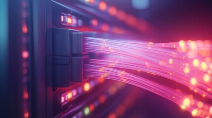 A close-up of a servers fiber optic connection, the cables glowing with light as data flows through, the serverâ€™s LED indicators flickering in the background, without brand logo, without text