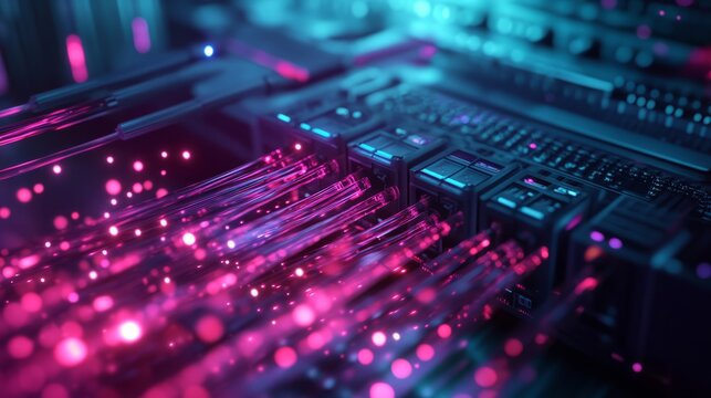 A close-up of a servers fiber optic connection, the cables glowing with light as data flows through, the serverâ€™s LED indicators flickering in the background, without brand logo, without text