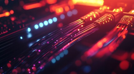 A close-up of a servers fiber optic connection, the cables glowing with light as data flows through, the serverâ€™s LED indicators flickering in the background, without brand logo, without text