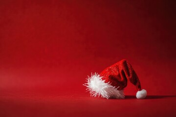 Festive red and white Santa hat on red background