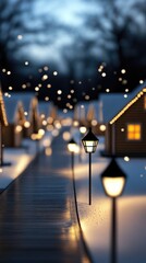 A cozy gingerbread village features cookie houses adorned with candy as snow falls softly under a starry night sky