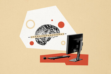 Composite photo collage of wise brain cortex artificial intelligence use pc device keyboard mouse...