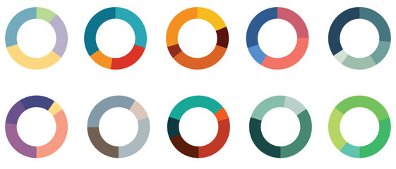 Pie chart infographic set. Circle diagram collection with sections or parts. Segmented circle icons for infographic, data analysis, web design, ui or presentation. Vector illustration.