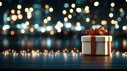 A close-up of a beige gift box adorned with a brown ribbon rests elegantly on a table, set against a softly blurred background