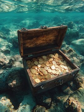 Wooden Chest Filled with Gold Coins