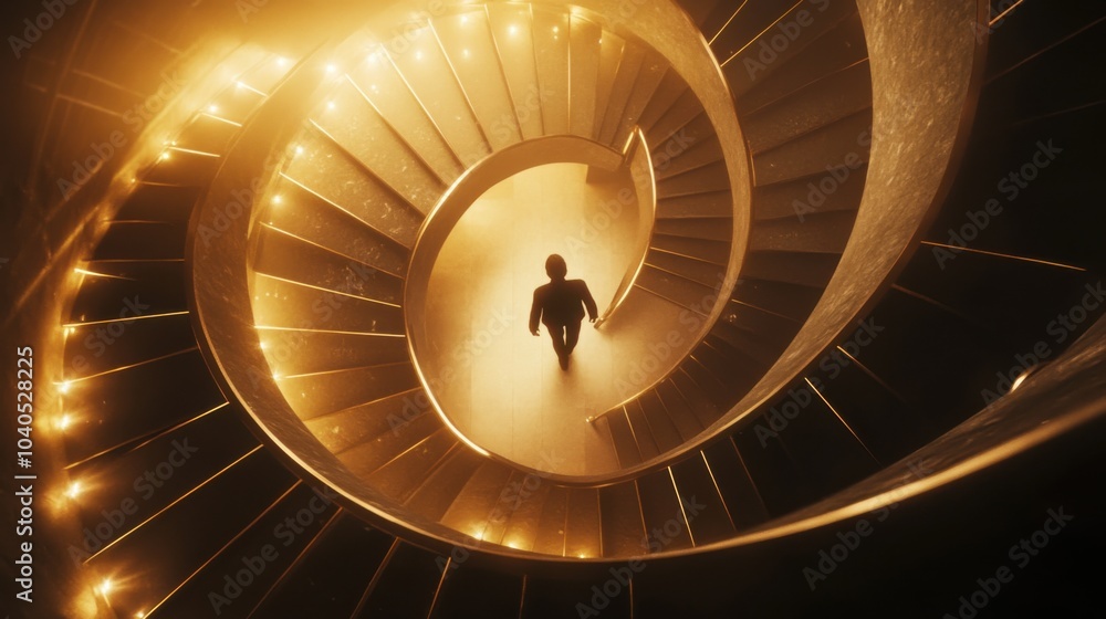Poster a dramatic view of a person ascending a spiral staircase, each step glowing with light, symbolizing 