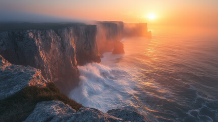 Fototapeta premium Waves crashing against rugged cliffs, a misty atmosphere, dramatic lighting, long exposure. A steep bank and a cliff.