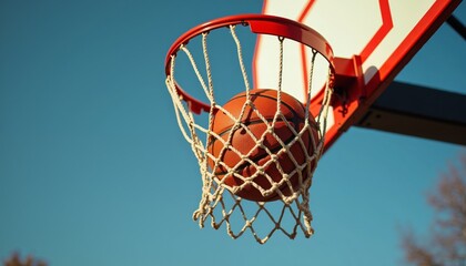 Basketball Through the Hoop, dynamic sports photo, representing victory and triumph