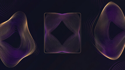 Fototapeta premium A set of gradient purple and gold abstract frames against a black background, featuring blended lines effects in geometric shapes such as squares, circles, hearts, and rhombuses with a distorted patte