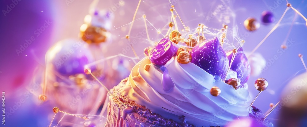 Poster colorful dessert adorned with shiny toppings and abstract decorations in a whimsical setting at twil