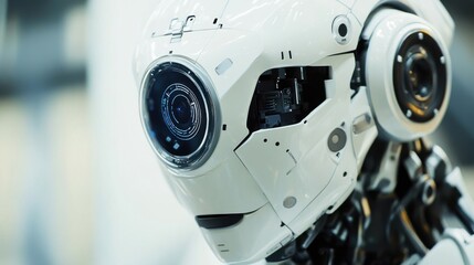 A detailed close-up of a humanoid robot's precision facial recognition camera, showcasing biometric identification capabilities and security applications, Robotics technology style
