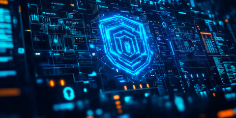 Futuristic interface with data flow diagrams, security protocols and digital locks symbolizing advanced network security measures