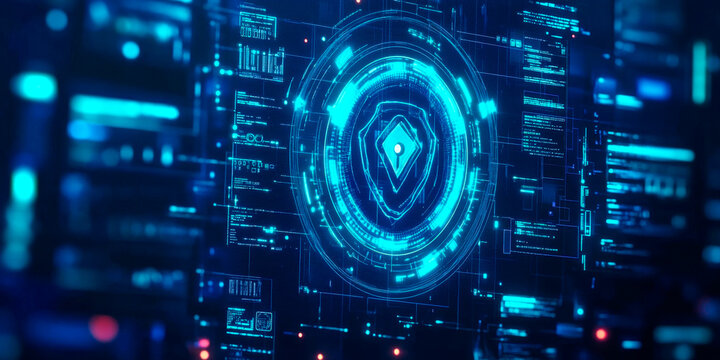 Futuristic interface with data flow diagrams, security protocols and digital locks symbolizing advanced network security measures