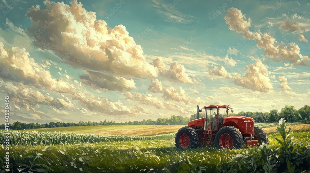 Poster red tractor in a lush green field with a cloudy sky