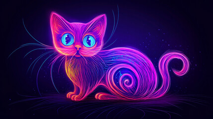 This neon cat illustration showcases a vibrant pink and purple color palette, exuding a playful and energetic vibe. The cat's wide-eyed expression and curved tail convey a sense of curiosity.



