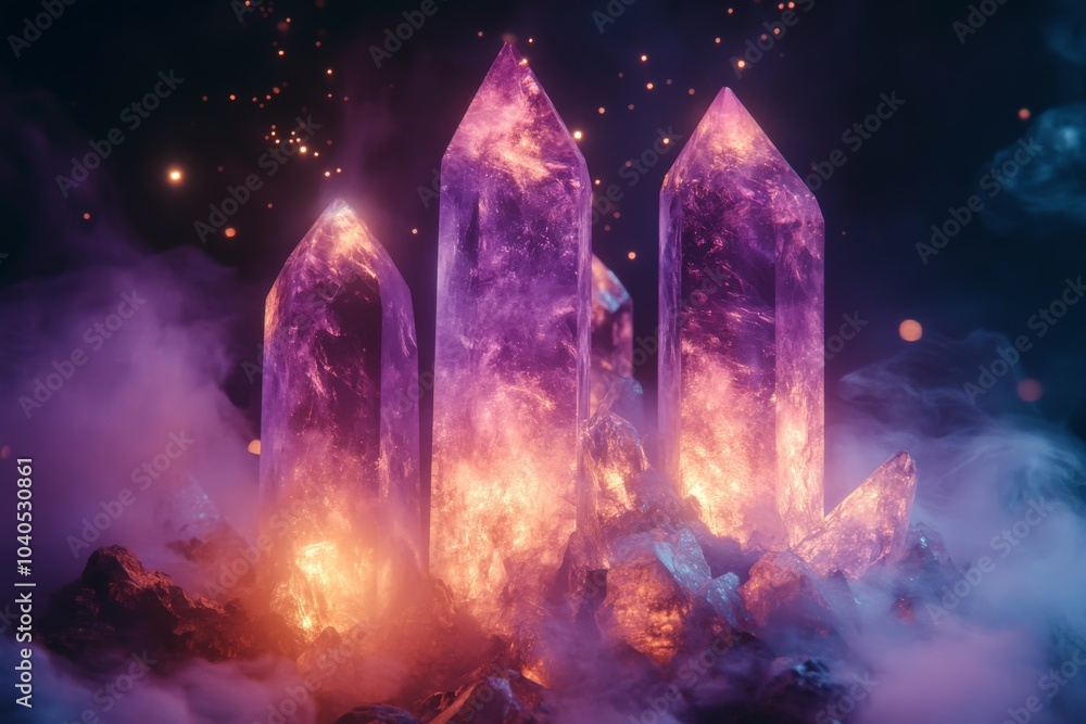 Poster this image showcases four luminous crystals standing upright surrounded by swirling purple and orang
