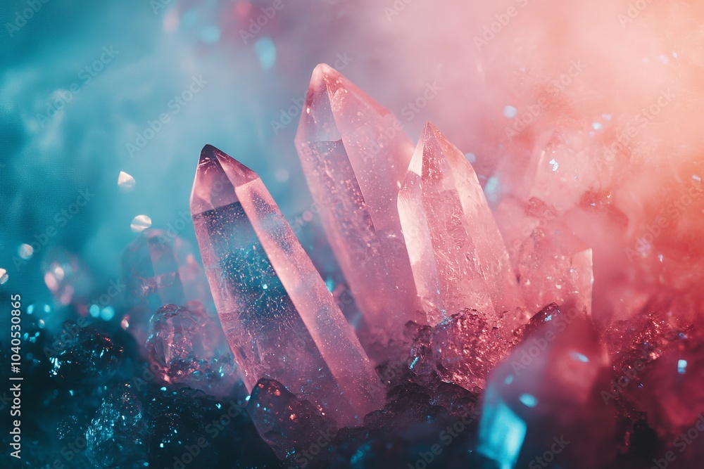Poster a captivating scene featuring mystical pink and blue crystals emanating an ethereal glow amidst a sm