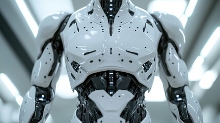 A detailed close-up of a humanoid robot's torso with exposed structural components and a sleek surface, displayed in a clean, modern space