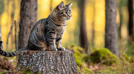 A serene tabby cat sits atop a wooden stump in a sunlit forest, surrounded by greenery and dappled light.