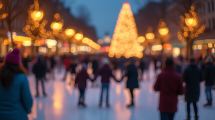 An evening scene at the ice rink with many people enjoying winter activities under festive lights
