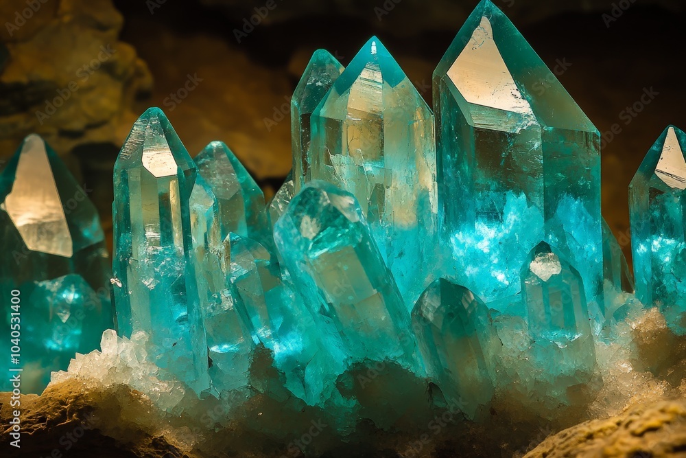 Aufkleber a cluster of glowing blue crystals radiates ethereal light within a dark cave, creating a mesmerizin