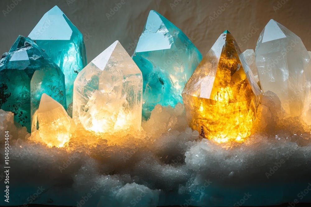 Poster A vibrant array of crystals in blue and yellow hues are illuminated from within, creating a warm glow that highlights the intricate beauty of each structure within.