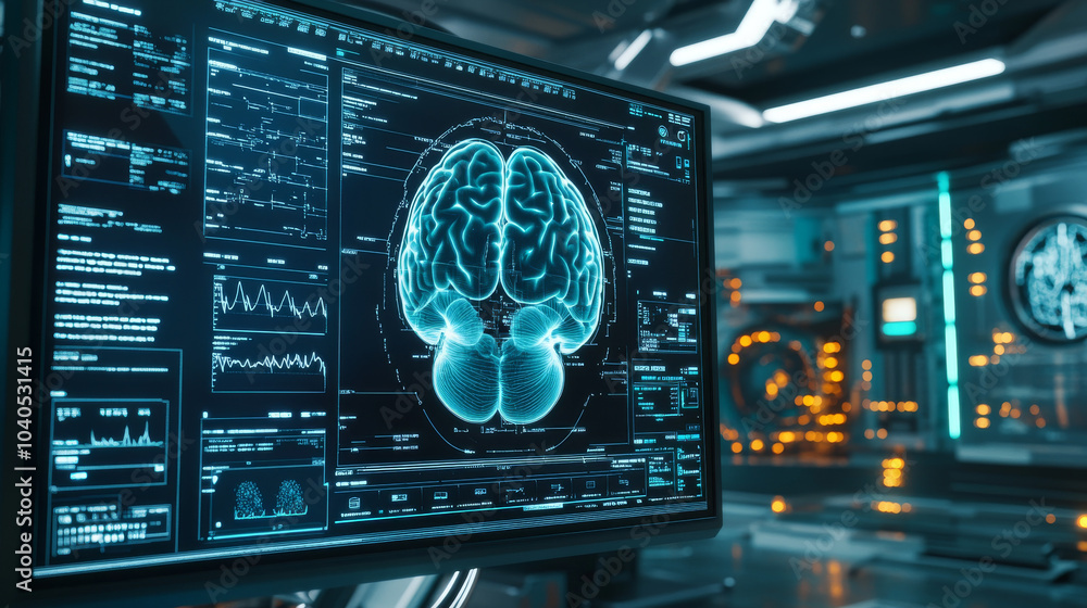 Poster a virtual hologram interface displaying an x-ray scan of a human brain on a futuristic hud screen, r