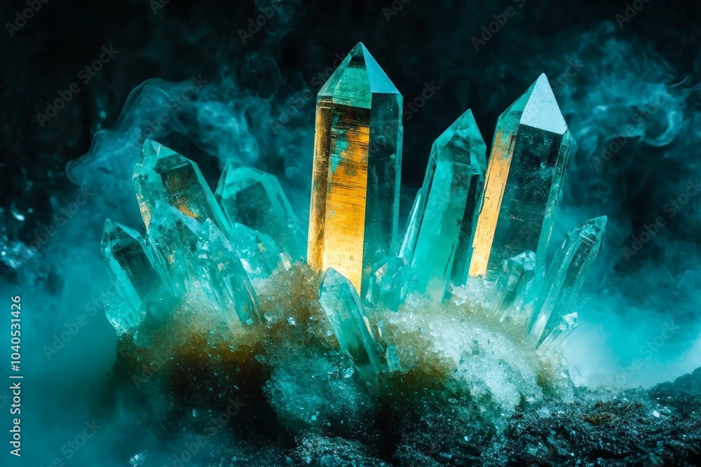 Poster sparkling crystals with vibrant hues emerge from swirling fog, illuminated by a warm inner light, cr