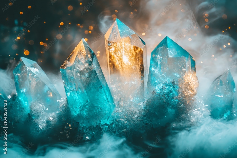 Poster mystical blue crystals emerge from a thick, swirling mist, creating an enchanting and ethereal scene
