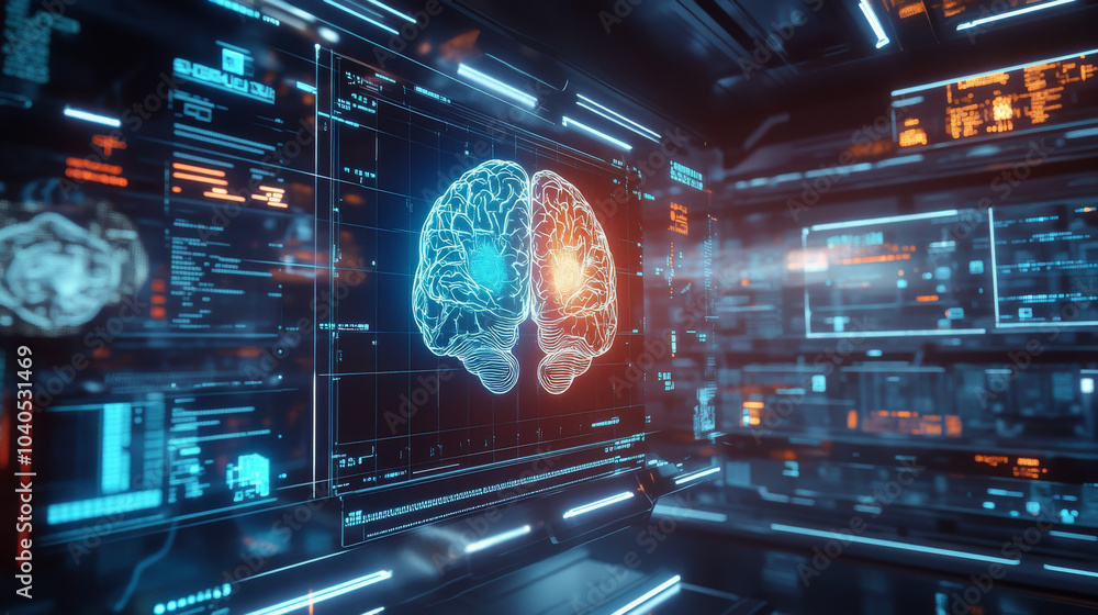 Poster a virtual hologram interface displaying an x-ray scan of a human brain on a futuristic hud screen, r