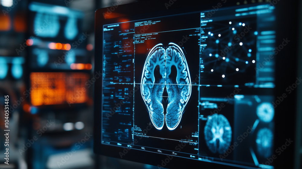 Poster a virtual hologram interface displaying an x-ray scan of a human brain on a futuristic hud screen, r