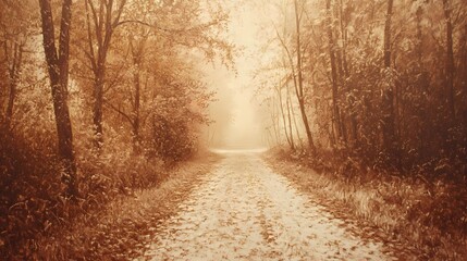 Obraz premium Misty autumn forest with golden leaves and fog covering the trees, creating a tranquil and serene atmosphere perfect for nature-themed visuals.