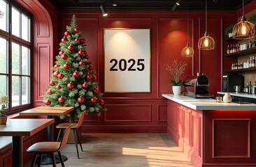 Christmas and New Year's interior of a coffee shop in brown shades with a large window, on the wall hangs a poster with the inscription 2025, coffee business