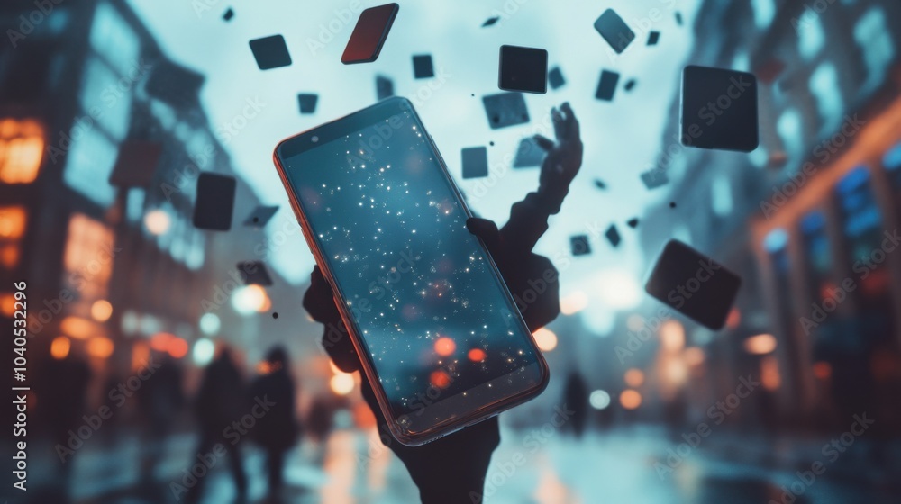 Poster a dynamic image of a person breaking free from a giant smartphone screen surrounded by floating noti