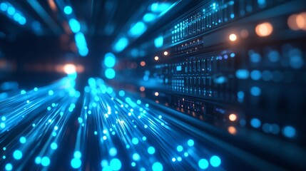 A close-up of fiber optic cables glowing softly as they connect a row of servers, the blue LED lights reflecting off the polished metal surfaces, without brand logo, without text 