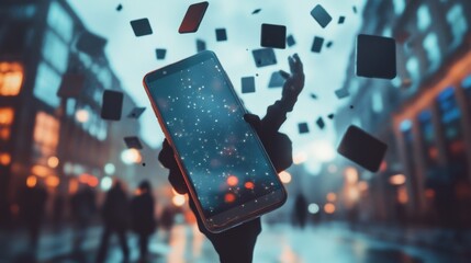 A dynamic image of a person breaking free from a giant smartphone screen surrounded by floating notifications, symbolizing the liberation from digital overload and constant alerts, Tech environment