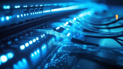 A close-up of fiber optic cables glowing softly as they connect a row of servers, the blue LED lights reflecting off the polished metal surfaces, without brand logo, without text 