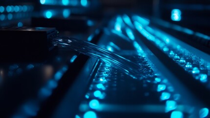 A close-up of fiber optic cables glowing softly as they connect a row of servers, the blue LED lights reflecting off the polished metal surfaces, without brand logo, without text 