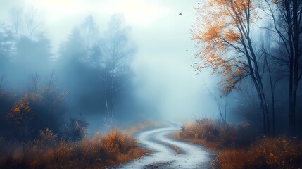 Misty autumn forest with golden leaves and fog covering the trees, creating a tranquil and serene atmosphere perfect for nature-themed visuals.