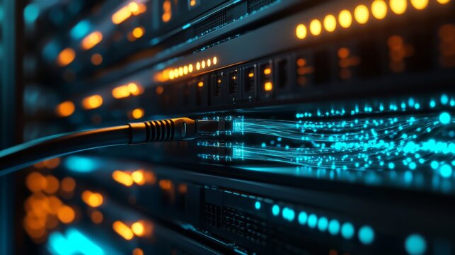 A close-up of fiber optic cables glowing softly as they connect a row of servers, the blue LED lights reflecting off the polished metal surfaces, without brand logo, without text 