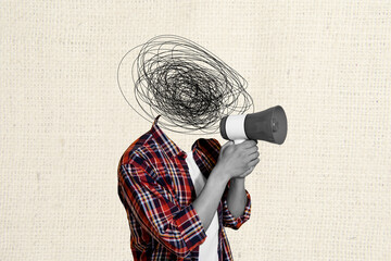 Composite artwork 3D sketch photo collage of headless incognito person mess stress line body stand...