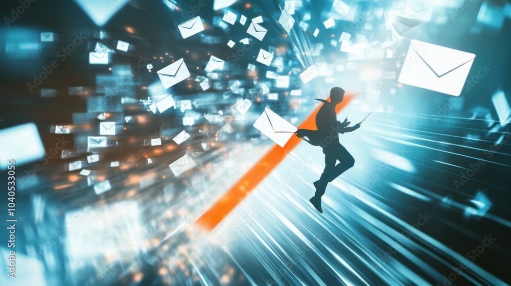 Aufkleber A dynamic image of a person navigating a digital obstacle course made of floating emails, notifications, and deadlines